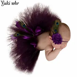 Юки новорожденных Подставки для фотографий маленьких Обувь для девочек фиолетовый peacok Перо юбка реквизит для фотосессии-пачка Наборы +