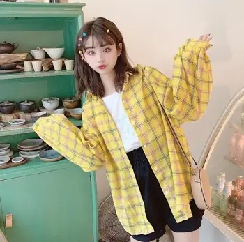 

Summer new Korean of the college wind loose plaid sunscreen shirt