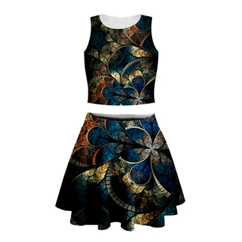 

3d Print women geometric Retro tank top with short skirt high quality Bohemia abstract Short Skirt Cheerlead Dancing suits-11