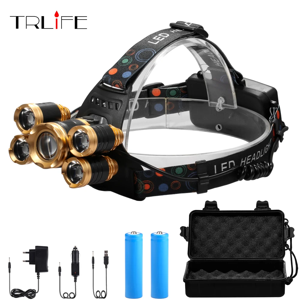 Kopen 5 * T6 Koplamp 40000 Lumens 4 mode Zoomable Koplamp USB Oplaadbare Head Lamp + 2*18650 Batterij + AC DC Lader + Gratis DOOS
