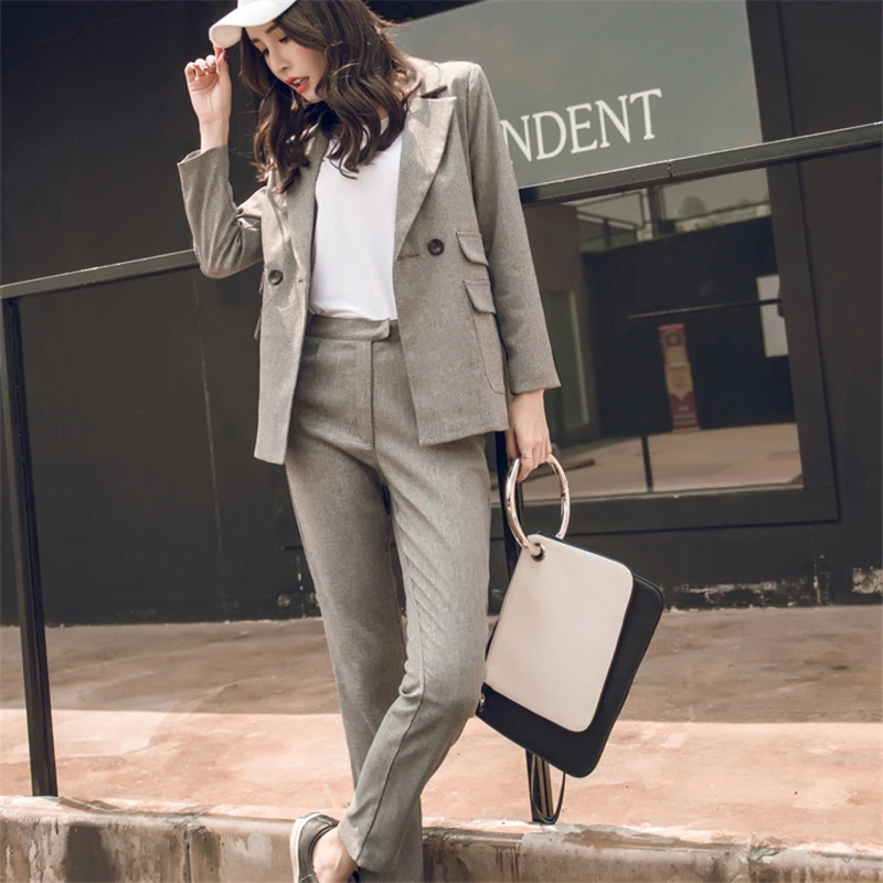 2018 Women 2 Two Piece Sets Short Gray Solid Blazer + High Waist Pant Office Lady Notched Jacket Pant Suits Korean Outfits Femme