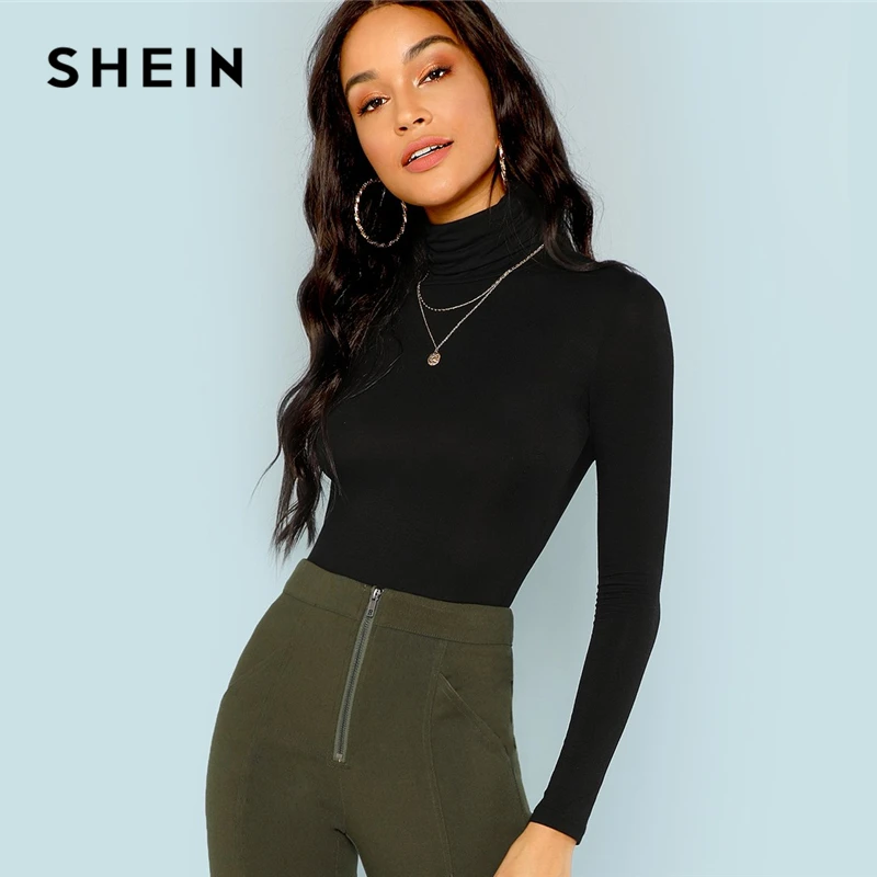 SHEIN الأسود الياقة المدورة ضئيلة تي شيرت مجسم عمال مكتب السيدات عادي عالية الرقبة طويلة الأكمام المحملة النساء الخريف الحد الأدنى المحملة