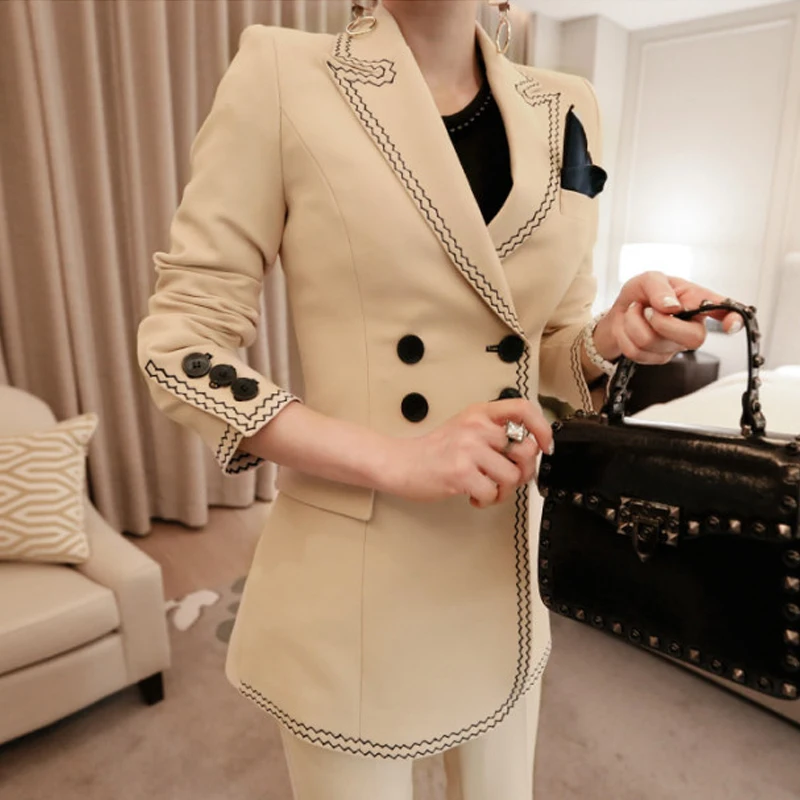 Suit Women Apricot Business Suits Ladies Double Breasted Turn-down Collar 2018 Autumn Fashion 2 Pieces Blazer And Pants Set