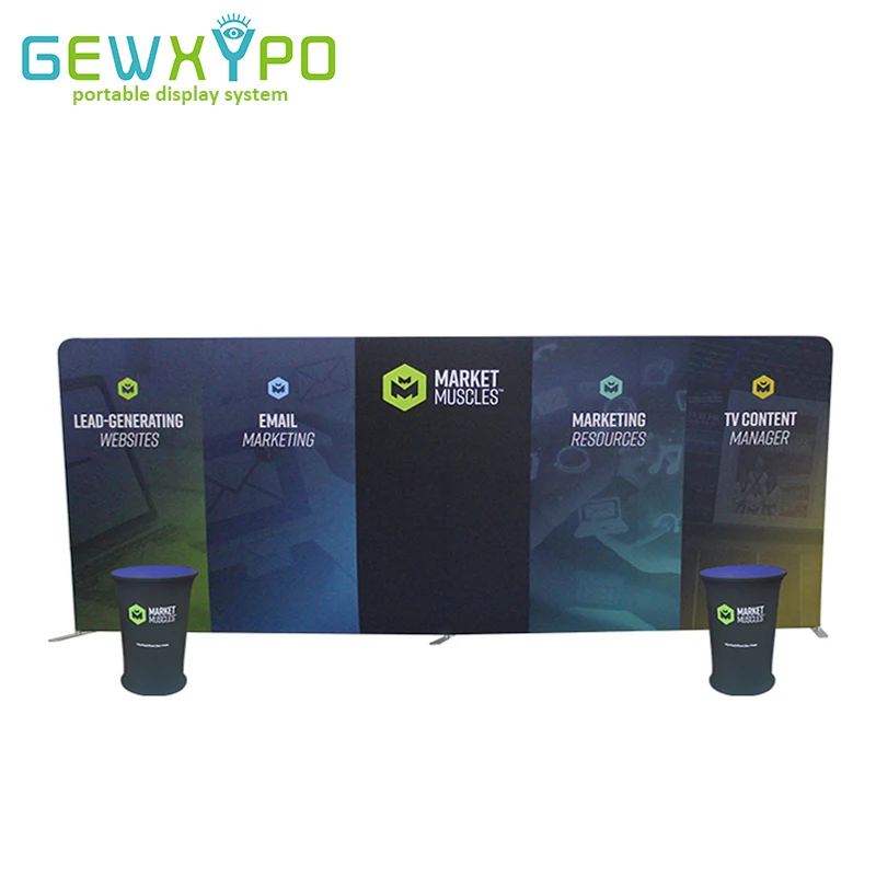 

Trade Show Booth Portable 20ft Width Straight Tension Fabric Banner Advertising Display Backdrop Wall With Two Podium Oval Table