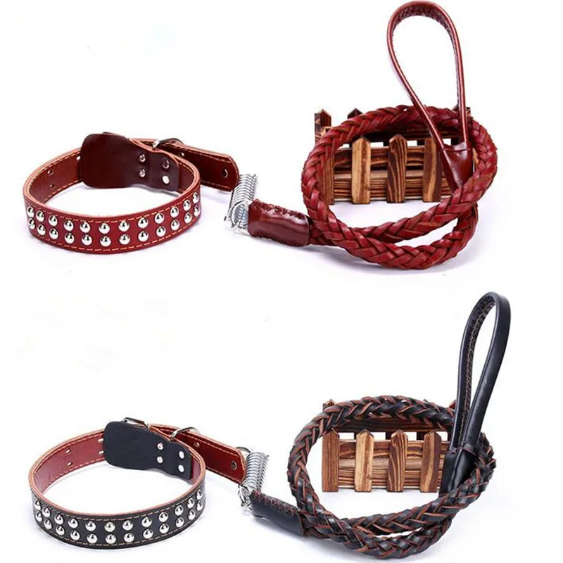 Durable Dog Collar Leash Leads Sets Original Cowhide Leather Pet Chain