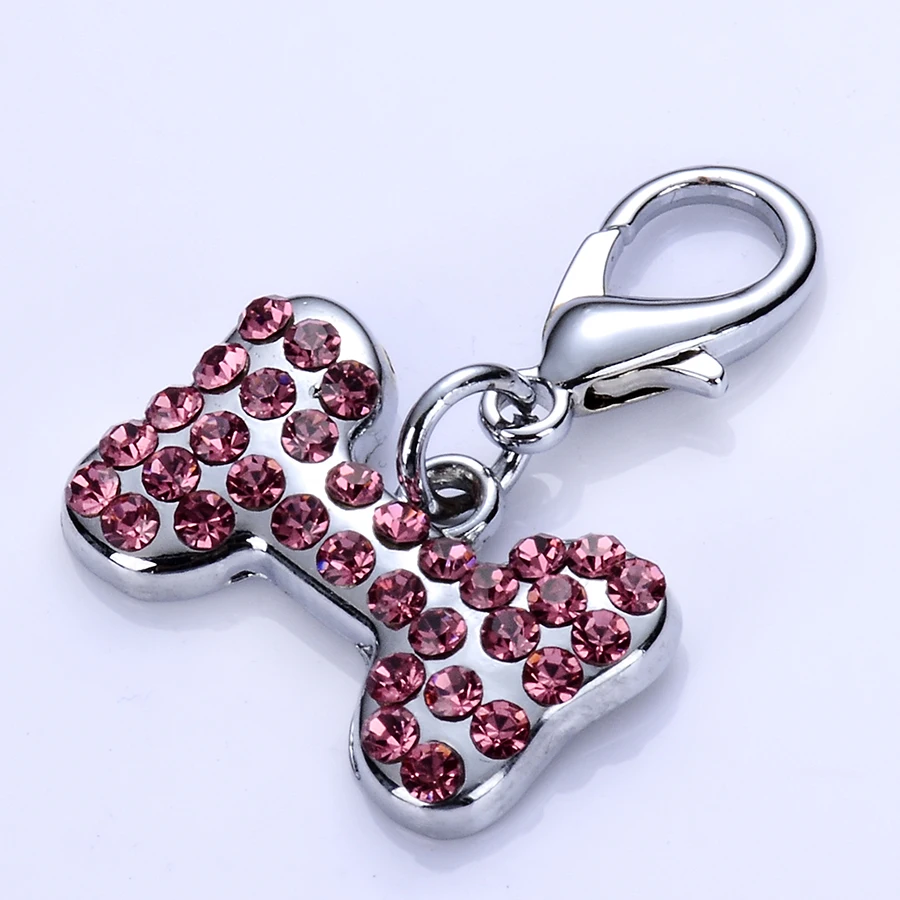 подвеска кулон для собак ошейник аксессуары Розовый стразы dog tag кости в форме
