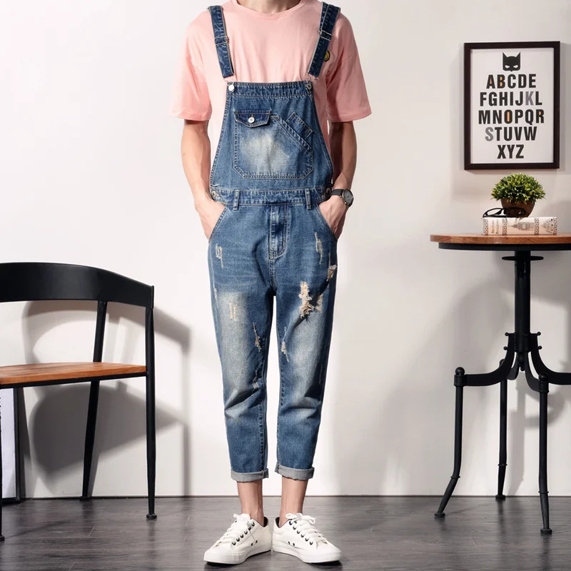 Fashion Skinny Overalls Men Slim Ripped Jeans Distressed Denim