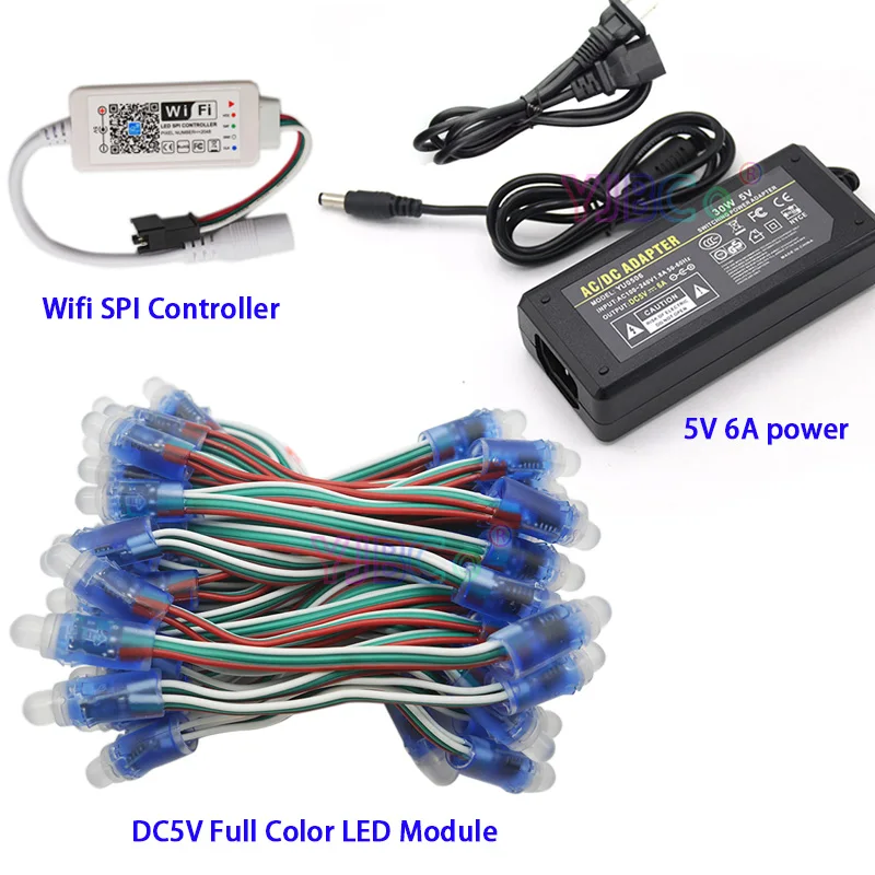 DC5V 50 шт. WS2811 IC RGB Pixel Светодиодный модуль светильник полноцветный IP68, Wifi светодиодный SPI контроллер, 5 В 6A светодиодный адаптер питания