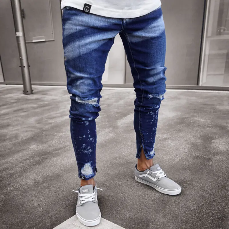 Nansiche Mens Stretchy Ripped Jeans Trousers Skinny Biker Jeans Destroyed Taped Slim Denim Pencil Pants 