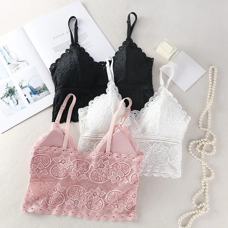 

Women Wireless Bra Padded Bralette Deep V Lace Bras Fashion Summer Crop Top Embroidery Floral Tank Top
