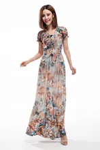 Women V Neck Puff Sleeve Bohemia Maxi Dress 2017 Summer Women Ice Milk Butterfly Printed Long Chiffon Beach Dresses Plus Size