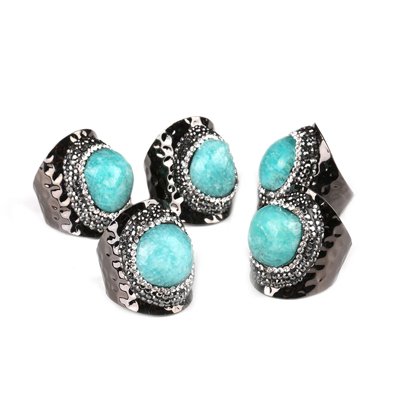 Natural Blue Cutted Brazil Amazon Semi Precious Stone Bead Charm Wrap Resizable Wide Gun Black Open Hammered Ring Cuff Unisex | Украшения и