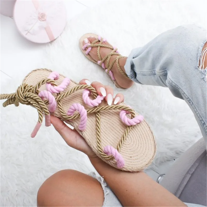 vertvie Women Sandals 2019 Contracted Rome Stagger Hemp Rope Women Sandals Casuals Cross tied Women Shoes