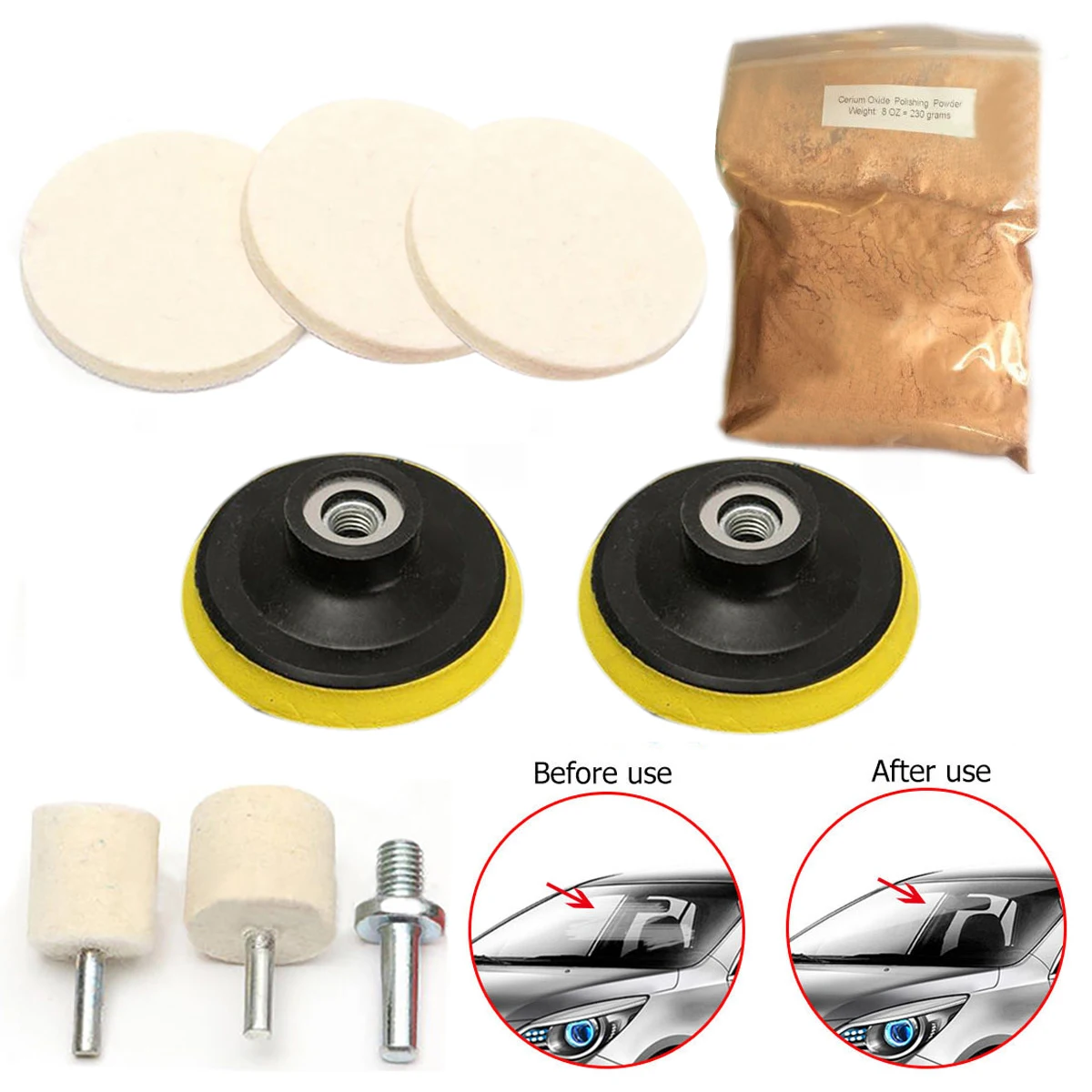 9pcs New Glass Polishing Kit Glass Scratch Remover 8 Oz Cerium Oxide and 3" _Bobs