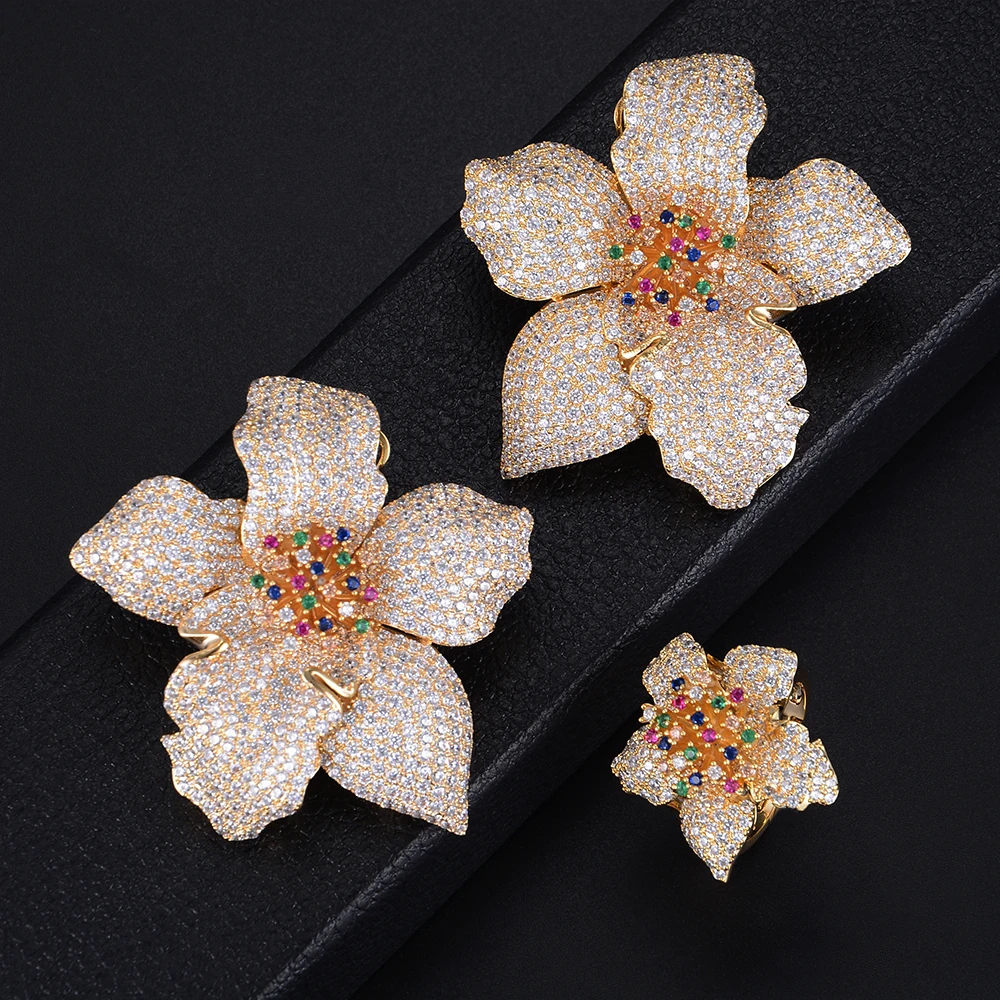 

GODKI 49mm Exclusive Super Luxury Floral Flower Blossom Cubic Zirconia Women Bridal Engagement Earring Ring Jewelry Sets