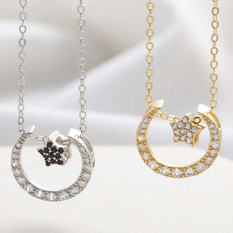 

Korean Star Moon Necklace 925 Sterling Silver Zircon White Anotherside Black Pendant Silver/gold Chokers Necklace Women Jewelry
