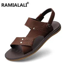 Новые летние кожаные пляжные сандалии; модные сандалии из натуральной кожи; повседневные мужские сандалии на резиновой подошве; большие размеры 45, 46, 47