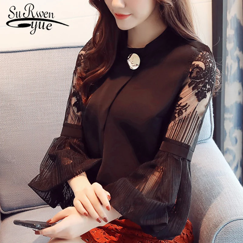 Vente 2018 mode en mousseline de soie femmes vêtements de lanterne à manches longues noir femmes blouse chemise support doux col féminin tops blusas D79 30