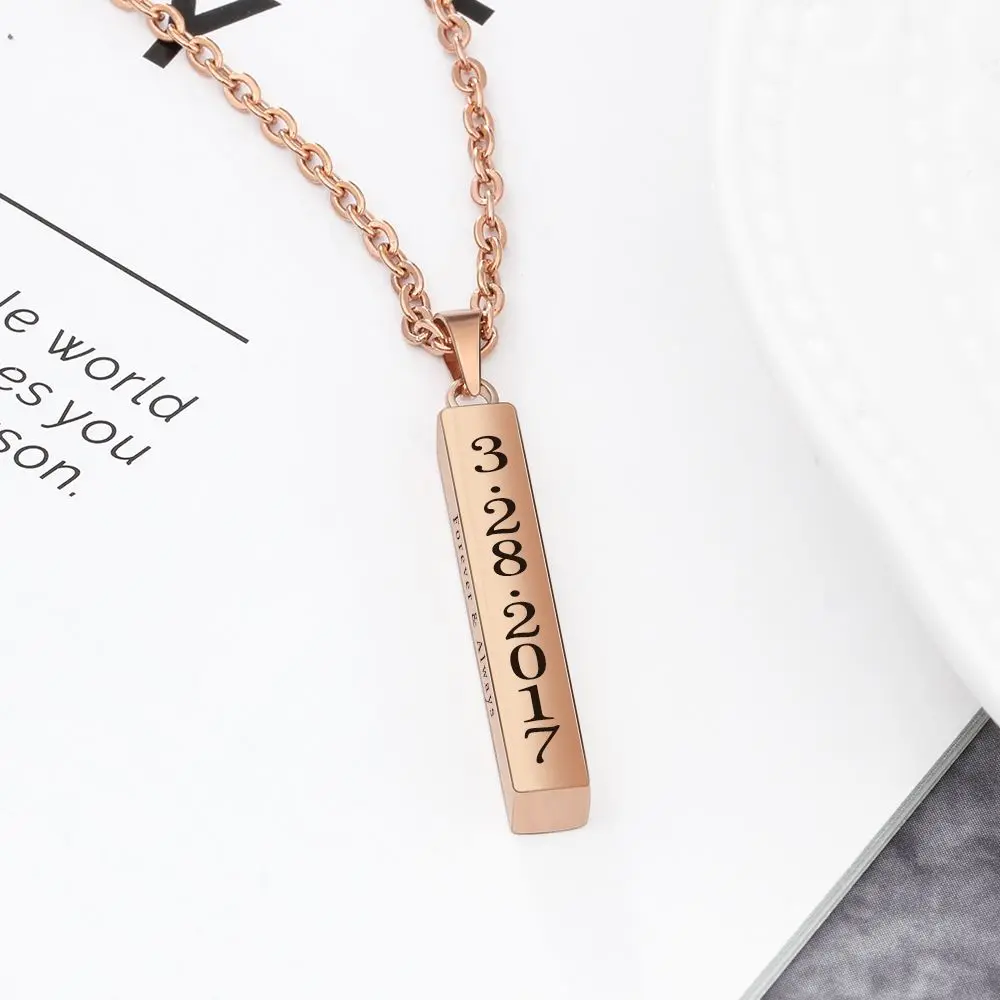 4 Face Engraved Name Necklace Personalised Gift Rose Gold Color Strip Stainless Steel Necklaces & Pendants (JewelOra NE102647)