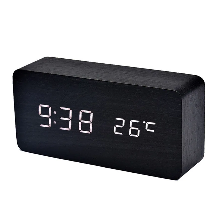 2018 Wooden LED Alarm Clock with Temperature Sounds Control Calendar LED Display Electronic Desktop Digital Table Clocks New