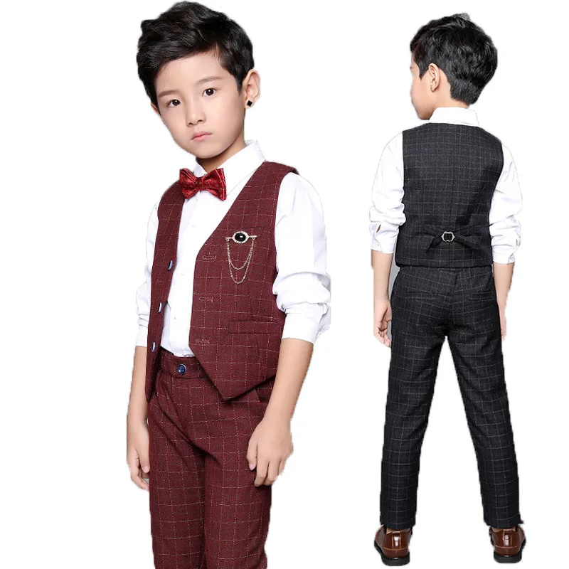 Brand Kids Suit for Weddings Flower Boys Formal Prom Party Tuxedo Vest + Pants 2PCS Children Piano Prom Performance Costume