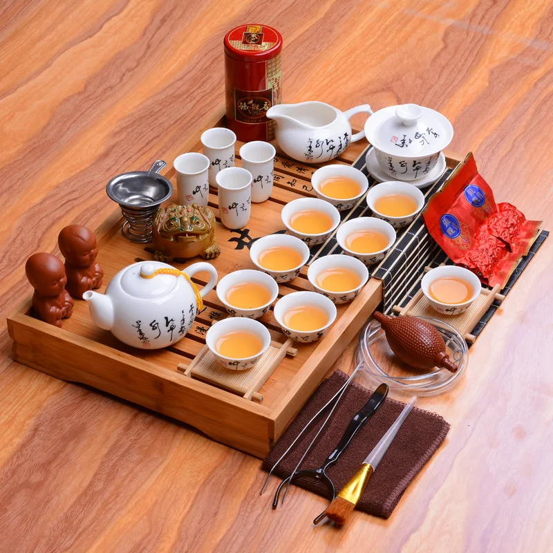 Chinese Traditional Dehua white porcelain tea set ceramic kung fu complete set of solid wood tea tray tea ceremony