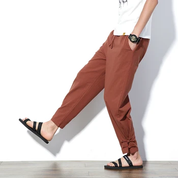 

Free shipping plus size men linen pants M-5XL Length cotton Pants Men Harem Pants Plus size Flax Embroidery solid Linen Cotton