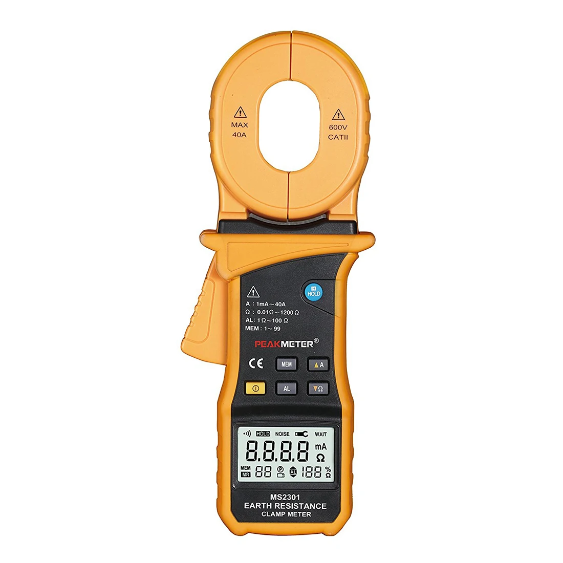 

MS2301 9999 Counts 0.01-1200ohm(1mA-40A) Alarm Limit Setting 45*32mm Jaw Opening Clamp Earth Resistance Current Tester Meter