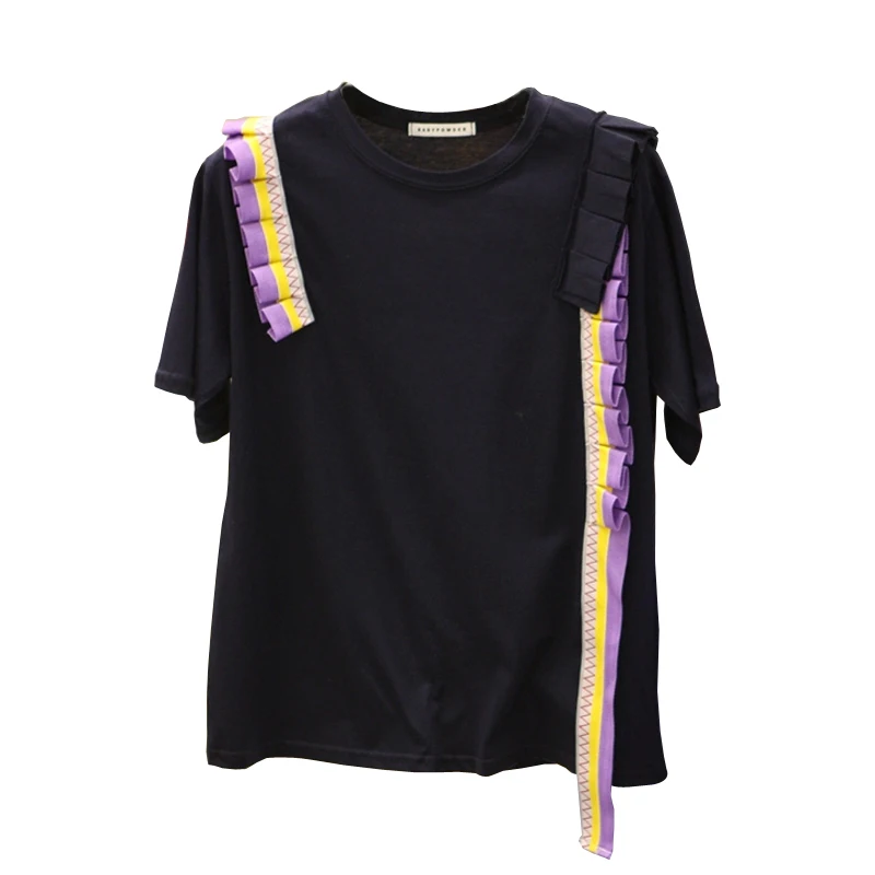 Korean Panelled Patchwork Ribbon Women T-shirts 2018 New Summer Vogue O Neck Loose Female Tees Short Sleeve All Match Femme Tops |