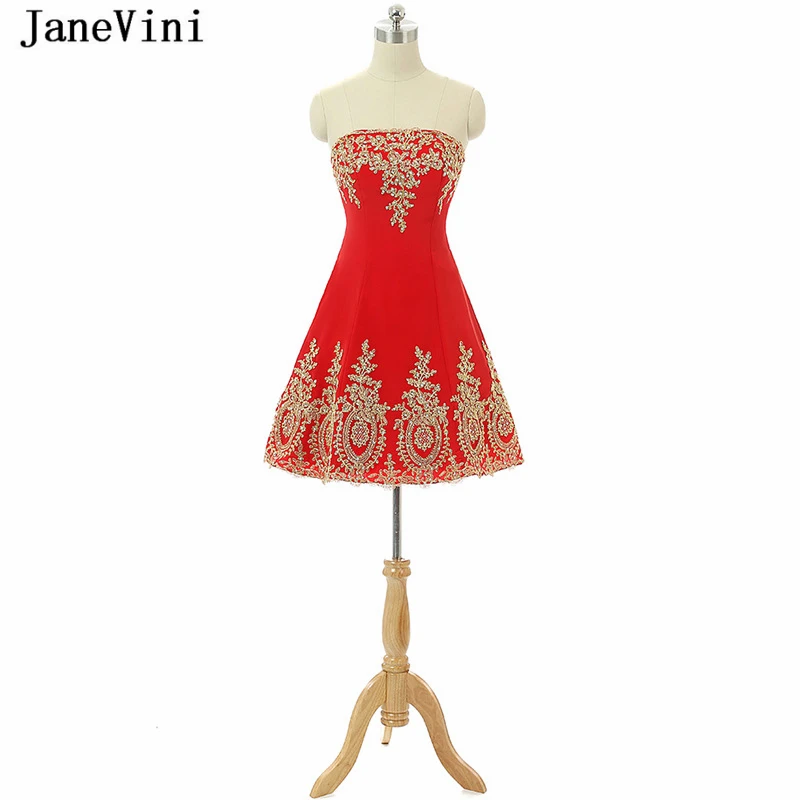 

JaneVini Short Bridesmaid Dresses A Line Strapless Beaded Gold Lace Applique Arabic Red Prom Gowns Vestido De Festa De Casamento