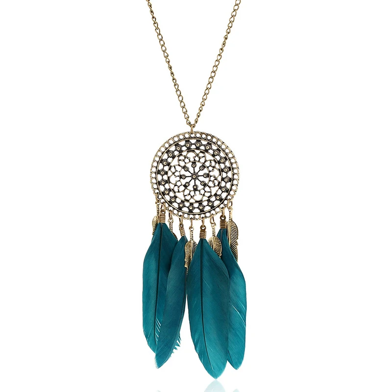 

Fashion Vintage Feather Necklaces & Pendants Metal Leaves Long Sweater Chain Pendant Necklace for Women Collier Femme 0509