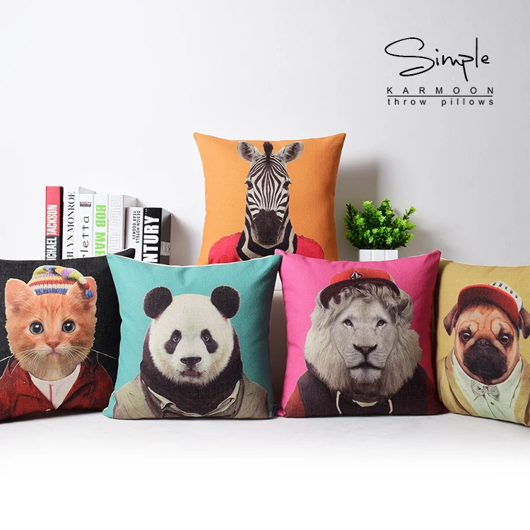 Linen Dress Animal Cushion Covers Cat Zebra Lion Panda Bulldog Throw Pillow Case Cartoon Pillow Covers for Baby Room Home Decor
