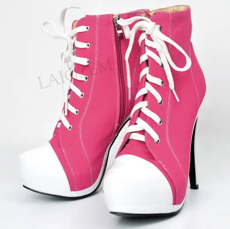 LAIGZEM/парусиновые женские ботинки на платформе; Botines Mujer; короткие ботильоны на высоком каблуке с боковой молнией; женская обувь; большие размеры 34-52 - Цвет: LGZ487 Fuchsia