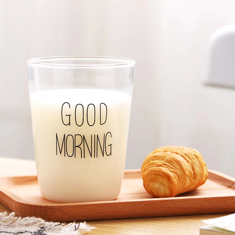 Glass Cups 400ml Brief Style Good Morning Glass Breakfast Cups Glassware Lovely Cups & Mugs for Milk Smoothie Drinkware (7)