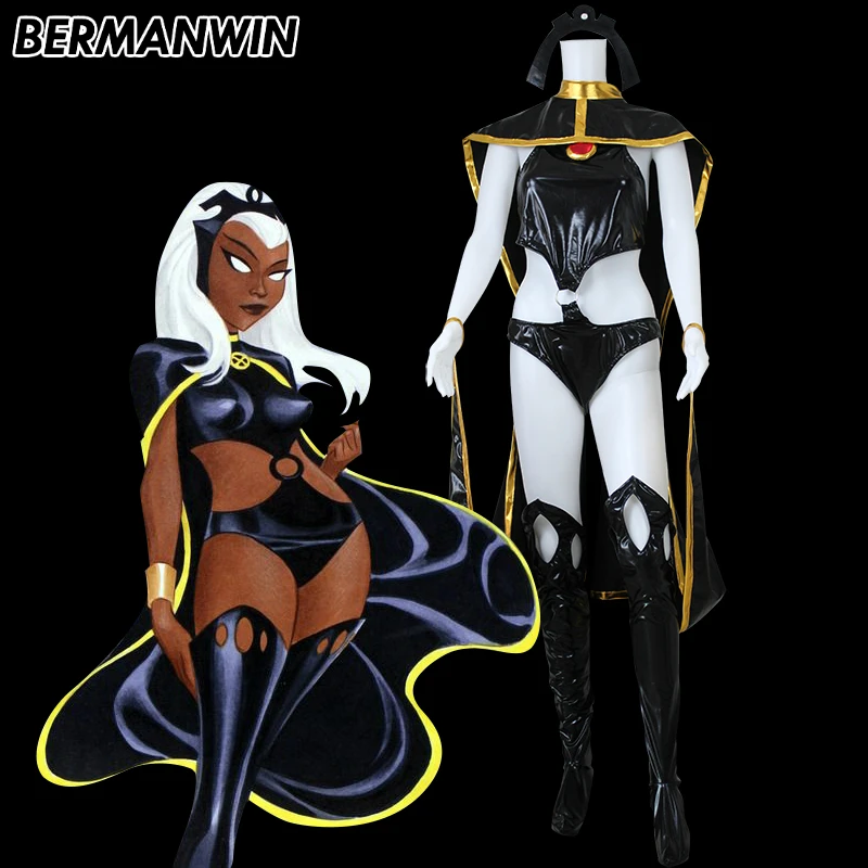 

BERMANWIN High Quality X-Men Storm Costume Black Gold Shiny Superhero Suit with Cape Halloween Cosplay Costume