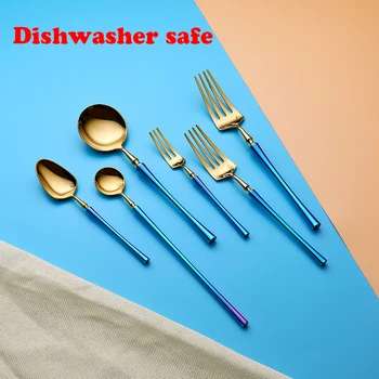 

Hot Sale 4 pieces Waistline Dishwasher safe Rainbow Dinnerware 304 Stainless Steel Western Cutlery Kitchen Food Tableware set