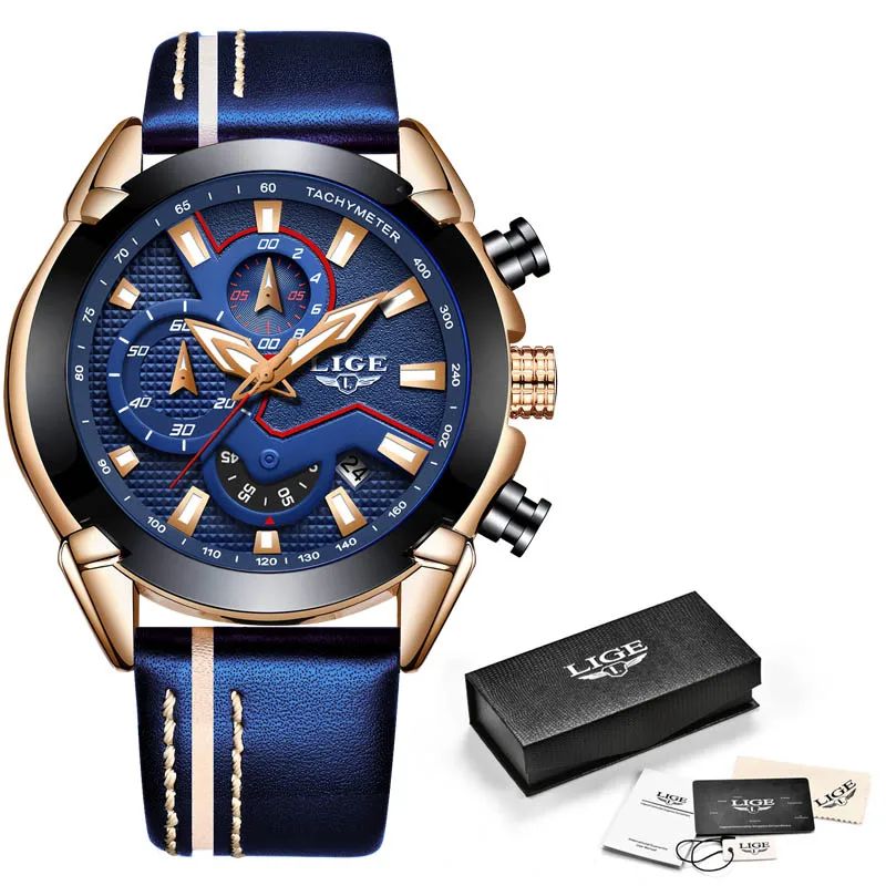 Rose blue Reloje LIGE Брендовые мужские Аналоговые кварцевые часы с хронографом и датой, светящиеся стрелки, водонепроницаемые мужские наручные часы с кожаным ремешком - Цвет: Rose blue