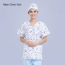 Медицинская рубашка, хлопок, с принтом, короткий рукав, для операционной, доктора, медсестры, скраб, рабочая одежда, топы