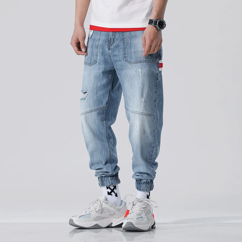 Large Size Fashion Streetwear Men Jeans Blue Color Loose Spliced Slack Bottom Harem Pants Patch Stripe Hip Hop Joggers Jeans Men Large Size Fashion Streetwear Men Jeans Blue Color Loose Spliced Slack Bottom Harem Pants Patch Stripe Hip Hop Joggers Jeans Men