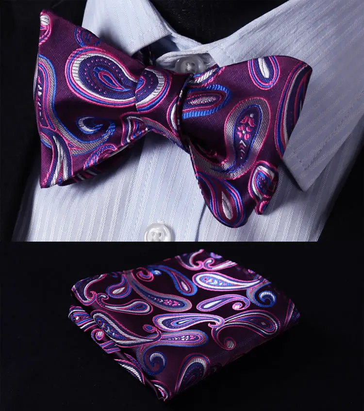  BF432P Purple Blue Paisley 100%Silk Jacquard Woven Men Butterfly Self Bow Tie BowTie Pocket Square 