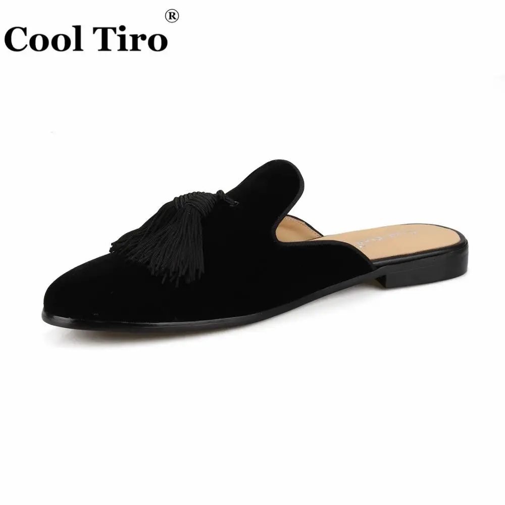 Cool Tiro/черные бархатные Mules кисточкой Для мужчин тапочки без застежки на Туфли без каблуков велюр обувь ручной работы Повседневное; натуральная кожа; стильные - Цвет: Черный