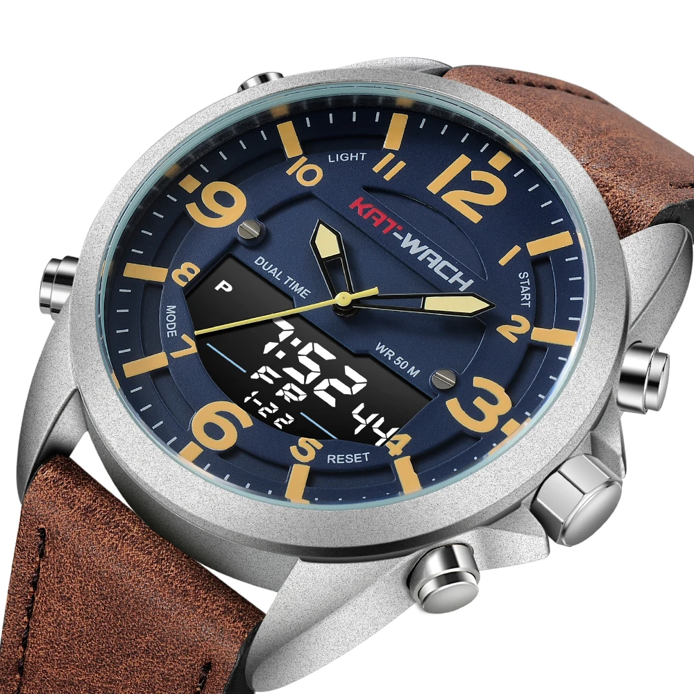 

KAT-WACH Dual Time Quartz Digital Watch Men Waterproof Sport Leather Military Outdoor Male Clock horloges mannen hodinky