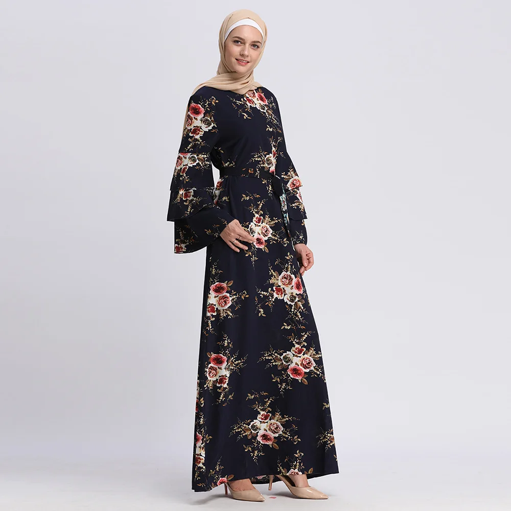 Abayas женская мусульманская одежда с цветочным принтом модные бандажные платья Хиджаб Макси мусульманское платье Бангладеш Кафтан Дубай, Турция Халат