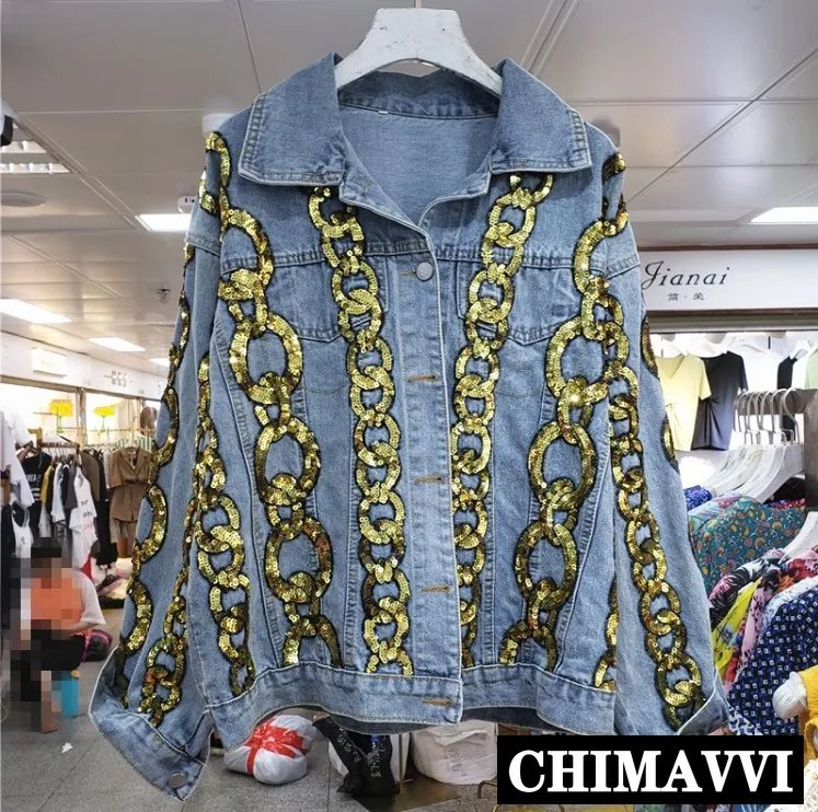 

Spring Autumn New Heavy Sequins Golden Chain Loose Cowboy Jacket BF Wind Female Loose Denim Jacket Leisure Jeans Coat