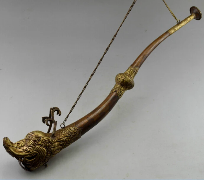 

Tibet Collectible Decorate Old Handwork Copper Carved Dragon Instrument Trombone fast Shipping