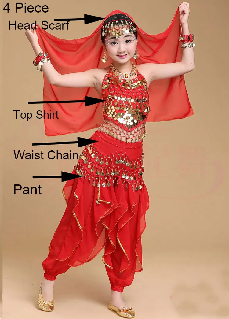 Костюм для танца живота для девочек, детское платье для индийского танца, Детские Танцевальные Костюмы Болливуда для девочек, танцевальная одежда для выступлений, 6 цветов - Цвет: Red 4 Piece