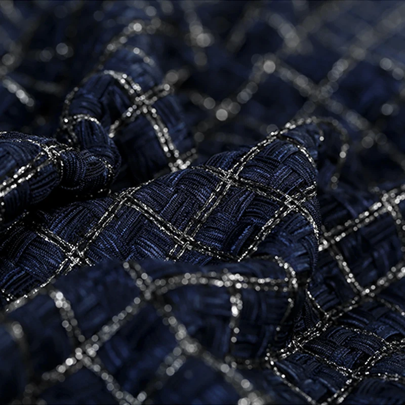 

148CM Wide 420G/M Weight Check Knitted Blue Acrylic Polyester Fabric for Autumn Spring Dress Jacket Coat E928