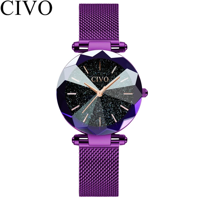CIVO, роскошные часы с кристаллами, женские модные кварцевые часы с золотым сетчатым ремешком, Лидирующий бренд, водонепроницаемые часы, подарок для жены, Relogio Feminino - Цвет: mesh purple 8074