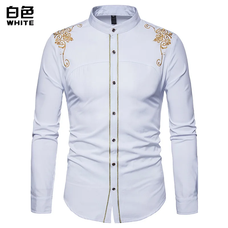 Мужские рубашки со стоячим воротником, новинка, брендовая рубашка с вышитыми золотыми цветами, повседневная приталенная рубашка на пуговицах с длинным рукавом - Цвет: white