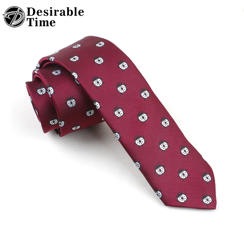 Fashion 2018 Men Wine Red Ties 6cm Cartoon Skinny Neck Tie Ladybug Print Accessories Ties for